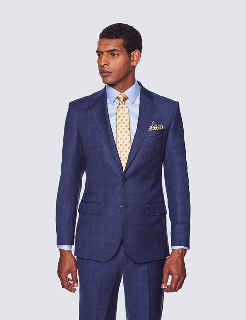 Men's Navy Windowpane Plaid Tailored Fit Suit Jacket - 1913 Collection