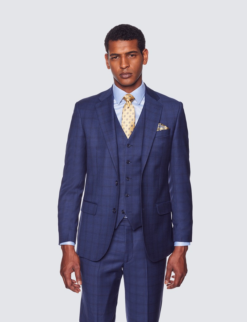 Men's Navy Windowpane Check Tailored Fit 3 Piece Suit - 1913 Collection ...