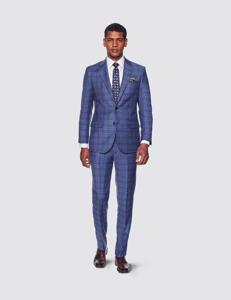 Men's Blue & Brown Prince Of Wales Check Tailored Fit Italian