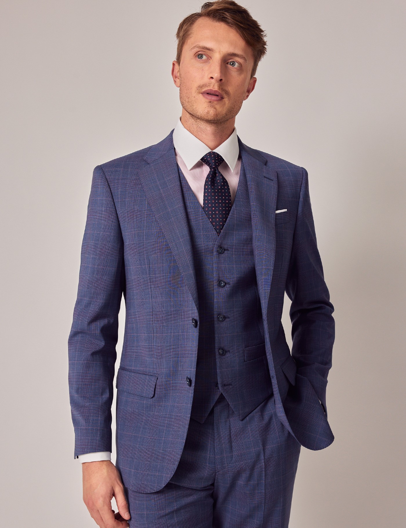 Men's Blue & Pink Prince of Wales Check Tailored Suit Jacket - 1913 ...