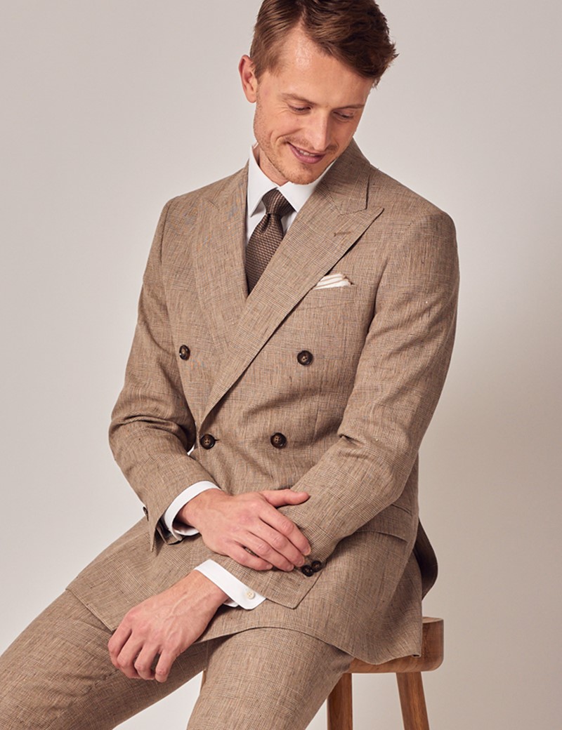 Brown Plaid Double Breasted Linen Tailored Suit Jacket