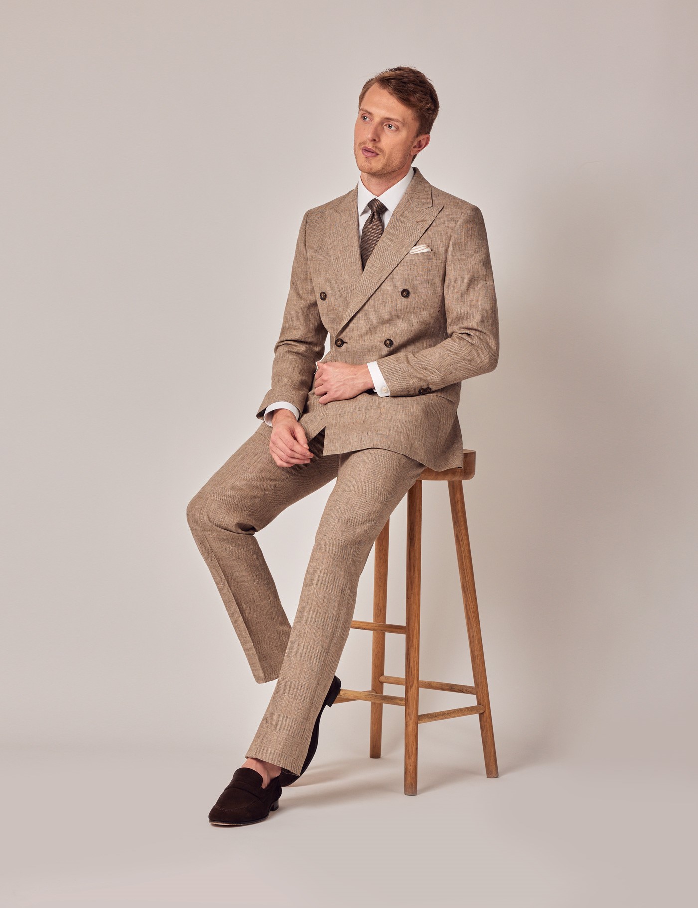 Brown Check Double Breasted 2 Piece Linen Tailored Suit | Hawes and Curtis