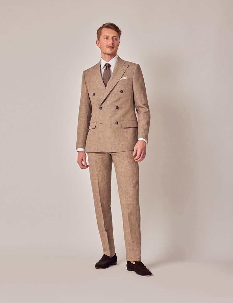 Brown Plaid Double Breasted Linen Tailored Suit