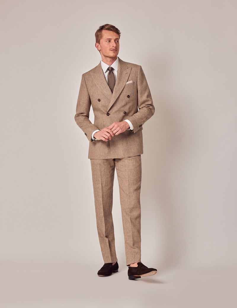 Brown Plaid Double Breasted Linen Tailored Suit