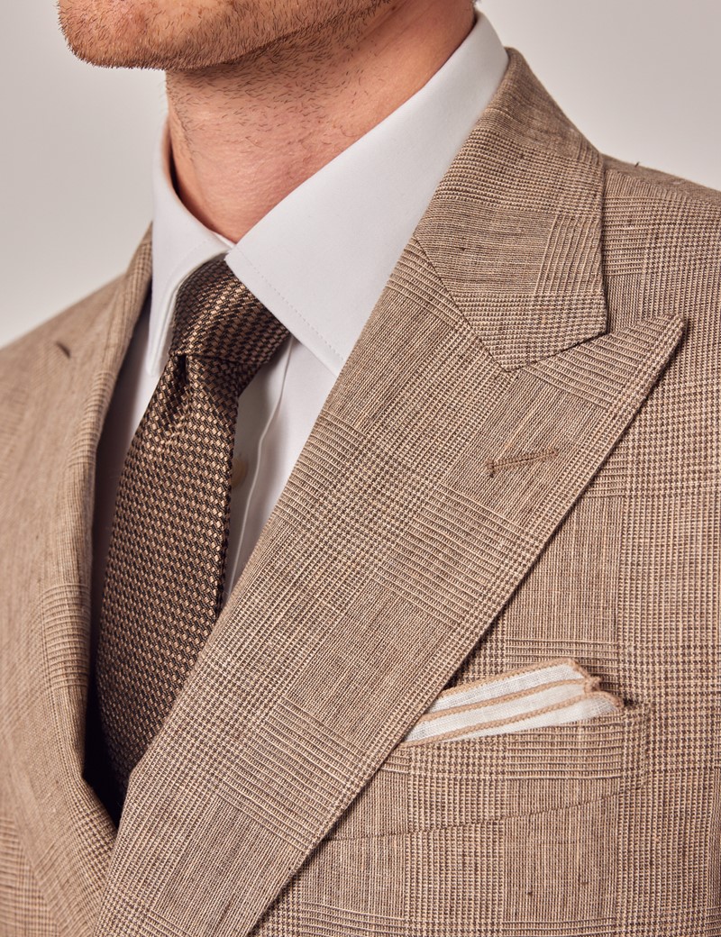 Brown Plaid Double Breasted Linen Tailored Suit