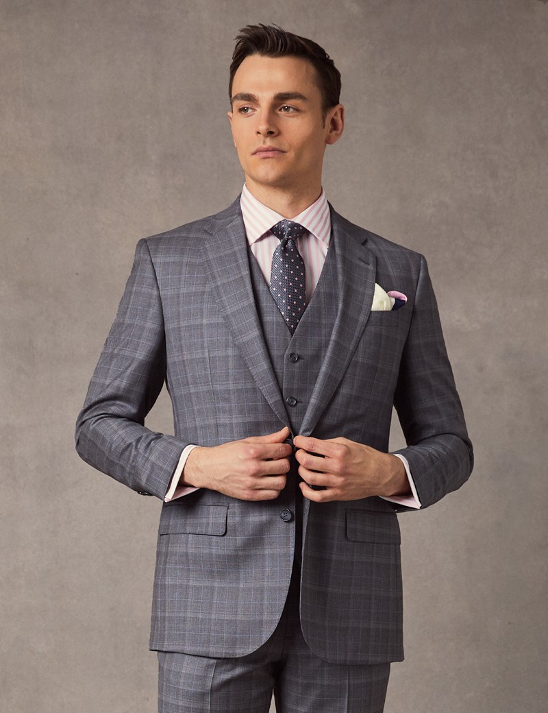 Men's Grey & Blue Prince Of Wales Check Tailored Fit ...