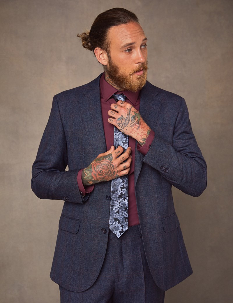 Men's Navy & Red Windowpane Plaid Tailored Fit Italian Suit 1913