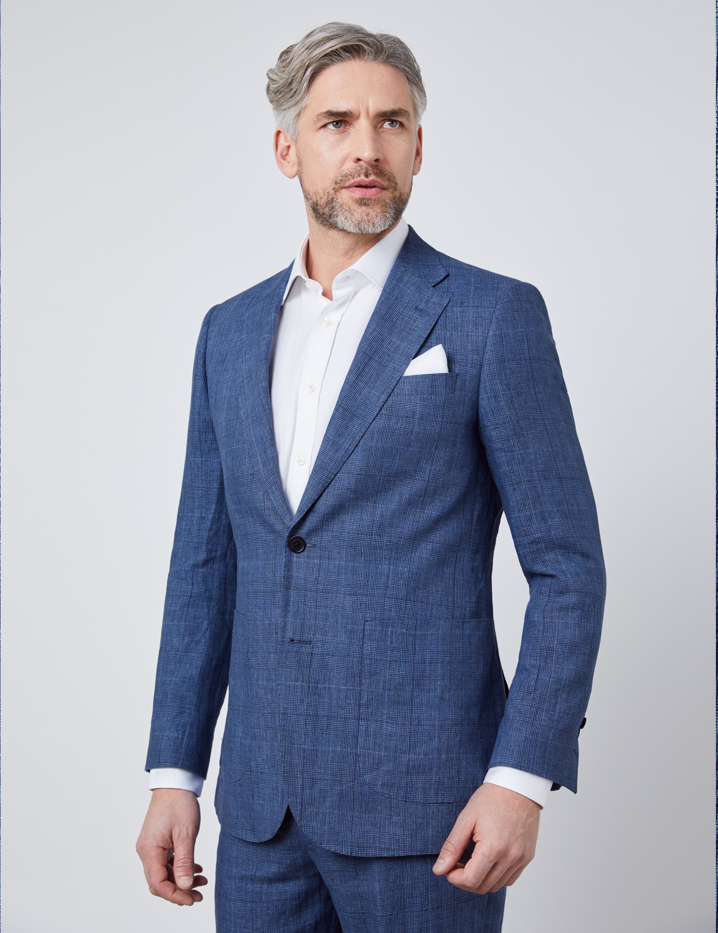 Men's Blue Check Linen Slim Fit Italian Suit Jacket Hawes & Curtis