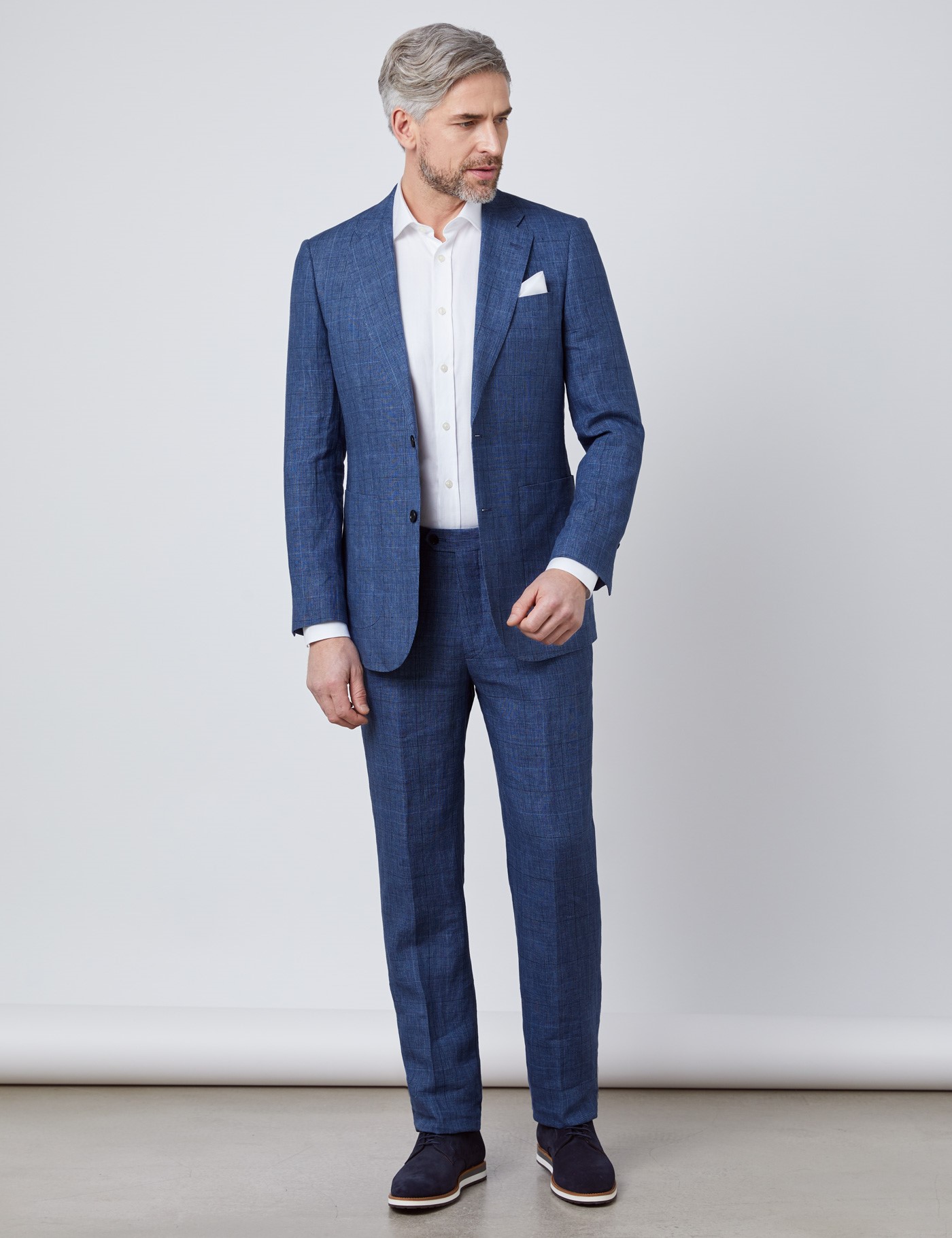 Men's Blue Plaid Linen Slim Fit Italian Suit | Hawes & Curtis