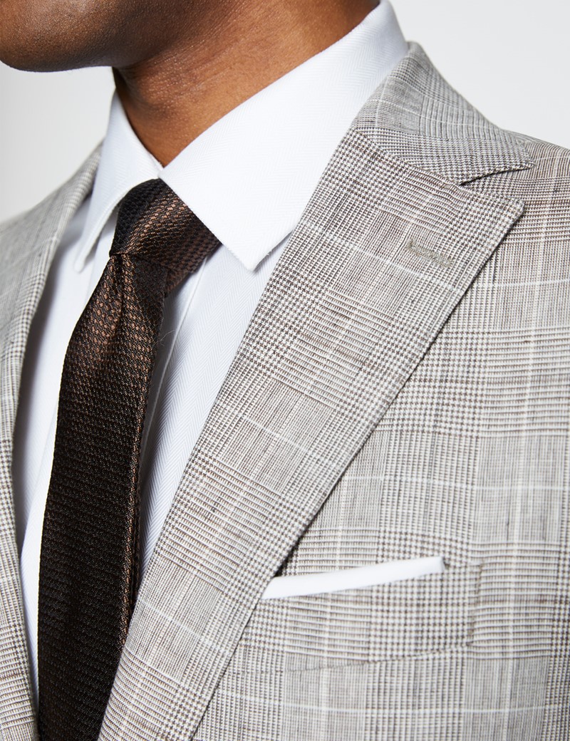 Men's Brown Plaid Linen Slim Fit Italian Suit 