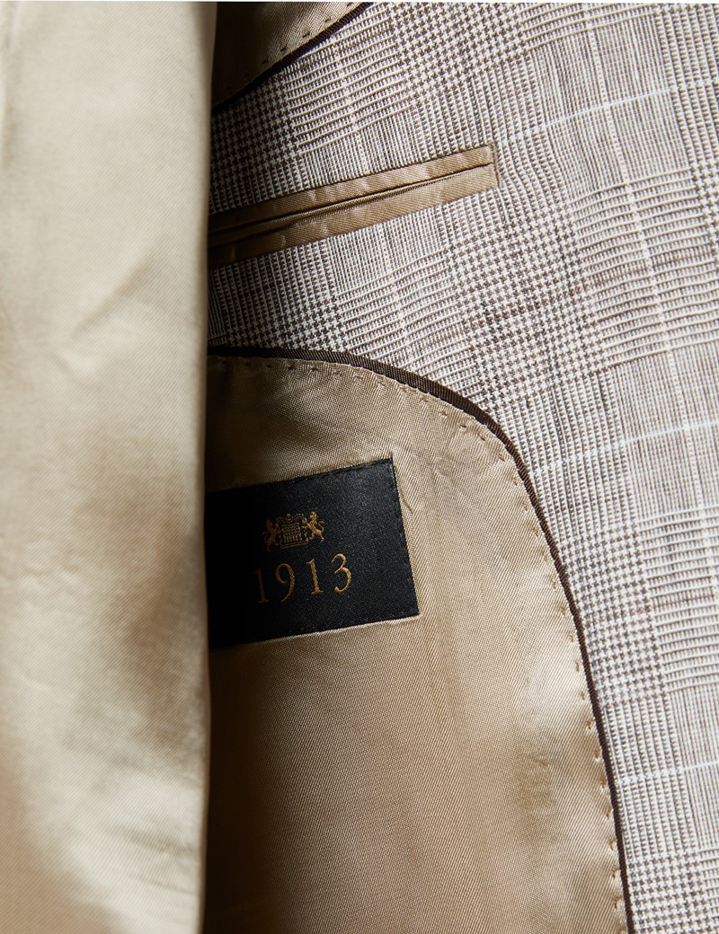 Men's Brown Check Linen Slim Fit Italian Suit - 1913 Collection