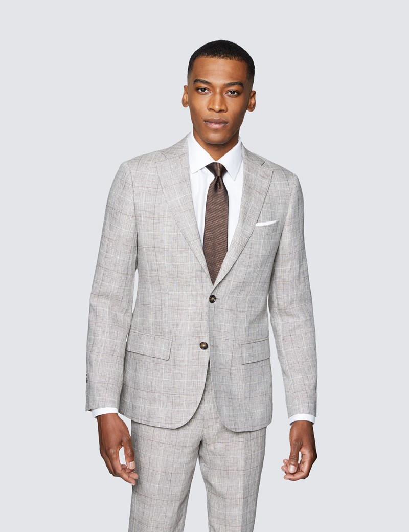 Men's Brown Check Linen Slim Fit Italian Suit - 1913 Collection