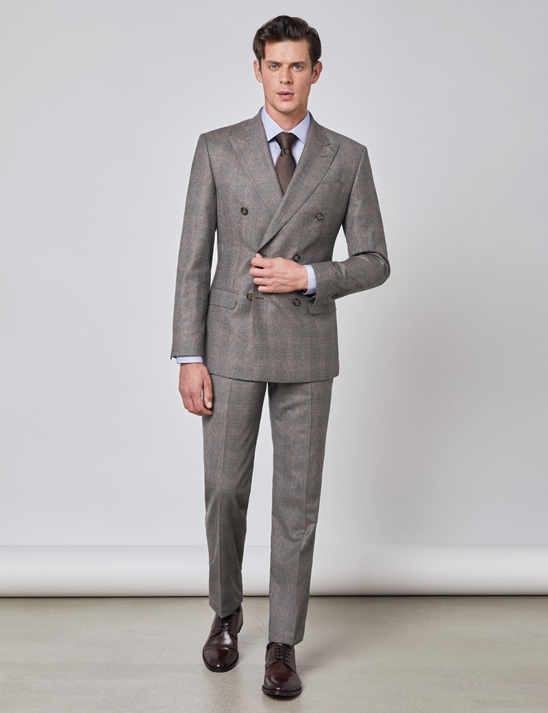 Men’s Brown & Orange Prince Of Wales Check Tailored Fit Double Breasted Italian Suit - 1913 Collection