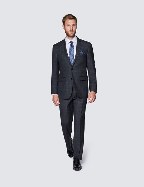 Anzug – 100s Wolle – Classic Fit  – 2-Knopf Einreiher – grau blau Windowpane Karo