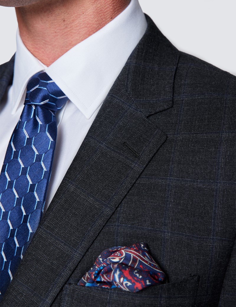 Men's Charcoal & Blue Windowpane Check Slim Fit Suit Jacket