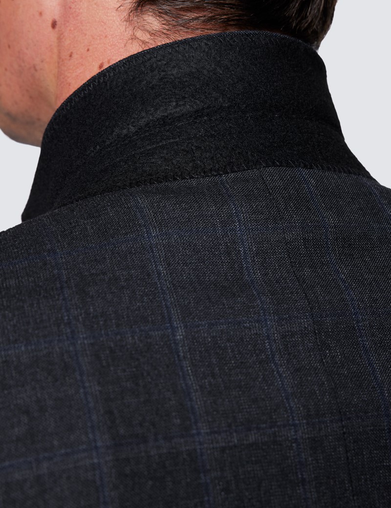 Men's Charcoal & Blue Windowpane Plaid Slim Fit Suit Jacket