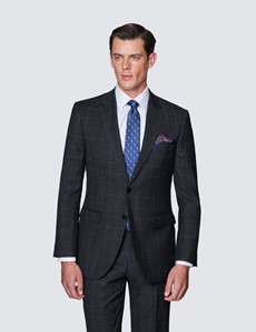 Anzug – 100s Wolle – Slim Fit  – 2-Knopf Einreiher – grau blau Windowpane Karo
