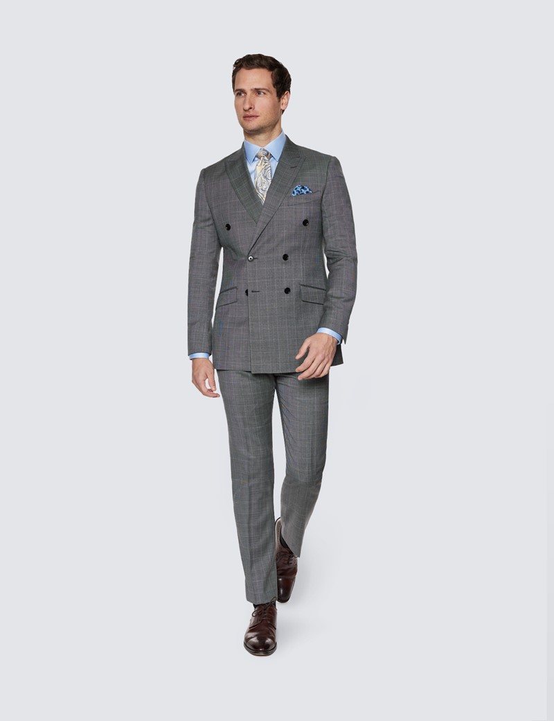 Men's Grey Tonal Check Double Breasted Slim Fit Suit Jacket
