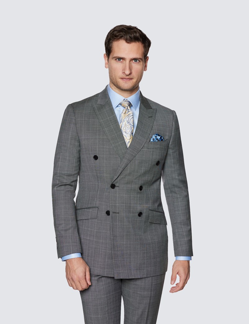 Men's Grey Tonal Check Double Breasted Slim Fit Suit 