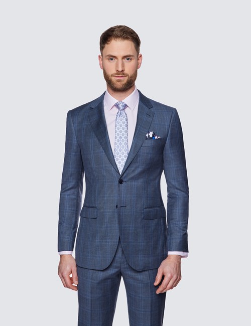 Men's Blue Check Slim Fit Suit Jacket - Super 120s Wool