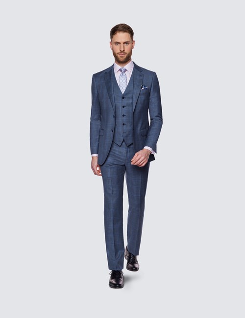 Men's Blue Check 3 Piece Slim Fit Suit - Super 120s Wool