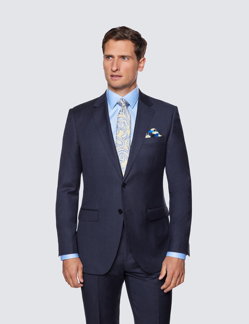 100% Wool Men's Navy Tonal Check 2 Piece Slim Fit Suit | Hawes & Curtis