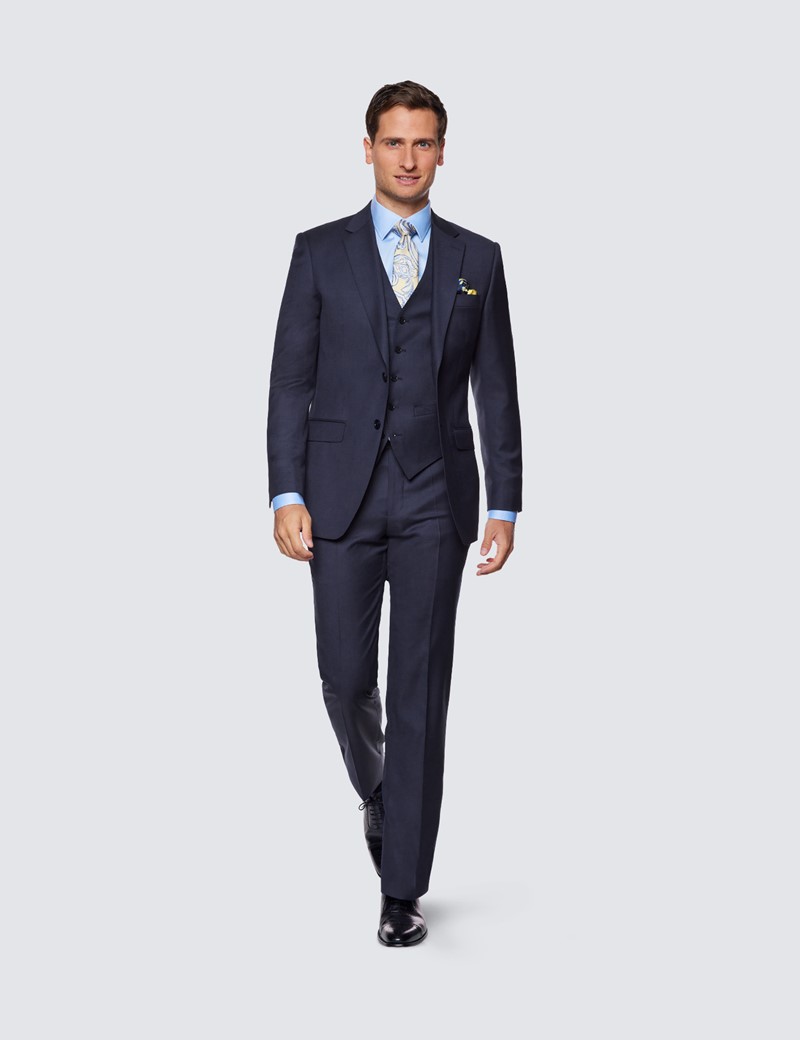 100% Wool Men's Navy Tonal Check 3 Piece Slim Fit Suit | Hawes & Curtis