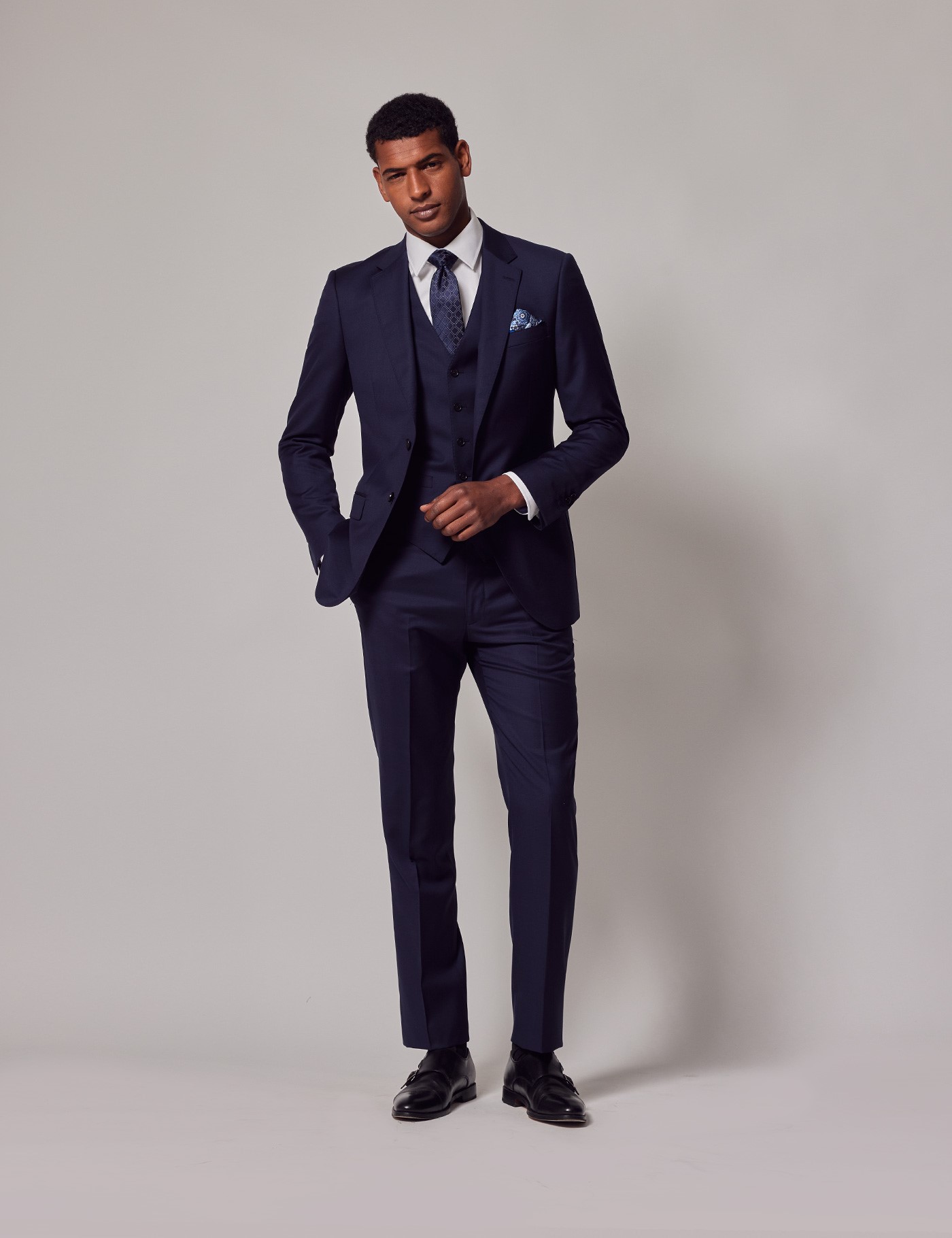 100% Wool Men's Navy Tonal Plaid 3 Piece Slim Fit Suit | Hawes