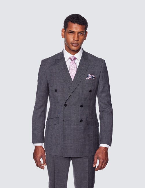 Men's Grey & Blue Prince Of Wales Plaid Double Breasted Slim Fit Suit Jacket