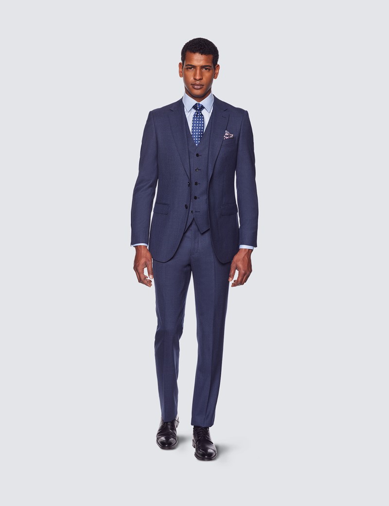 Men's Dark Blue Dogtooth 3 Piece Slim 