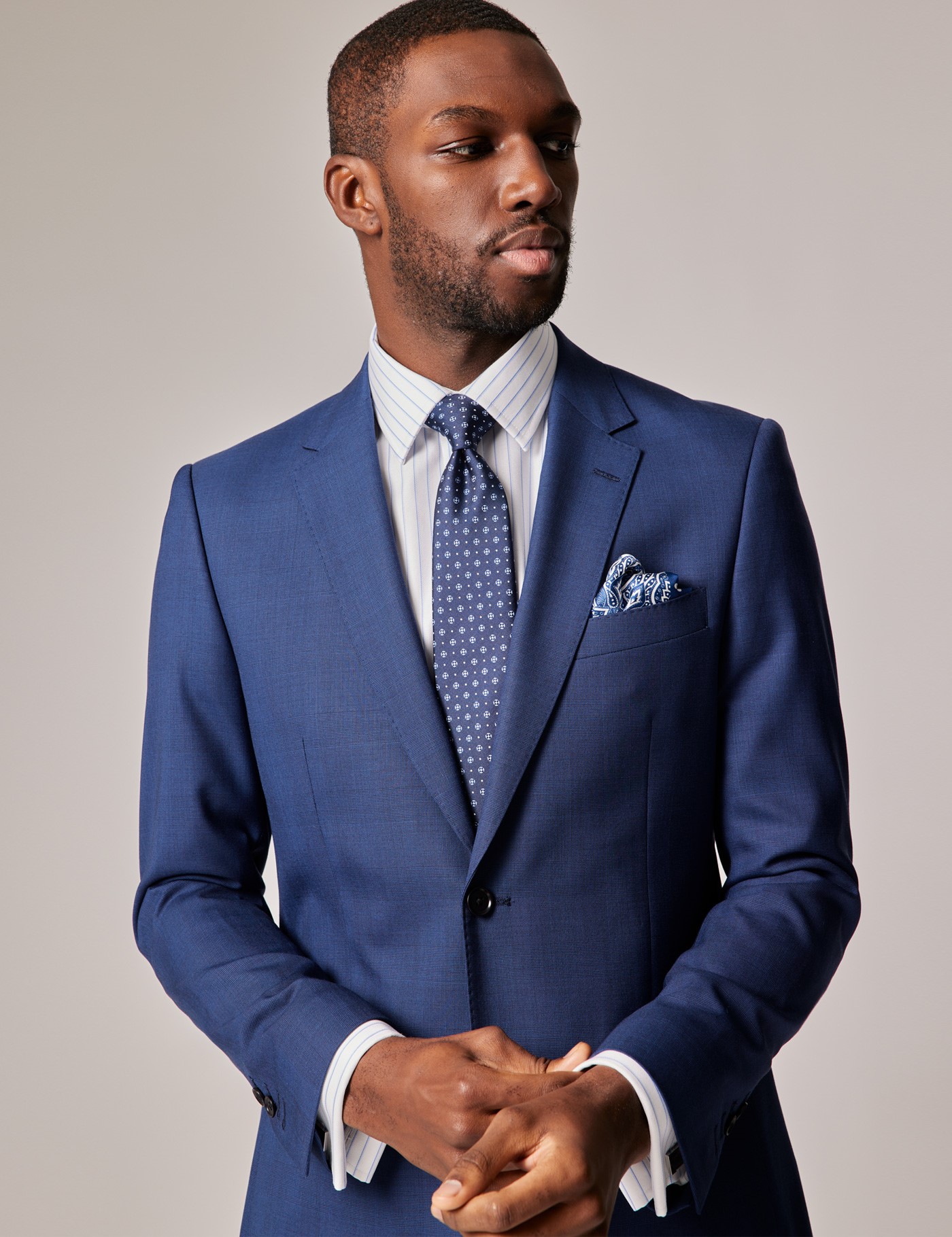 Indigo Prince of Wales Check Slim Suit Jacket | Hawes and Curtis