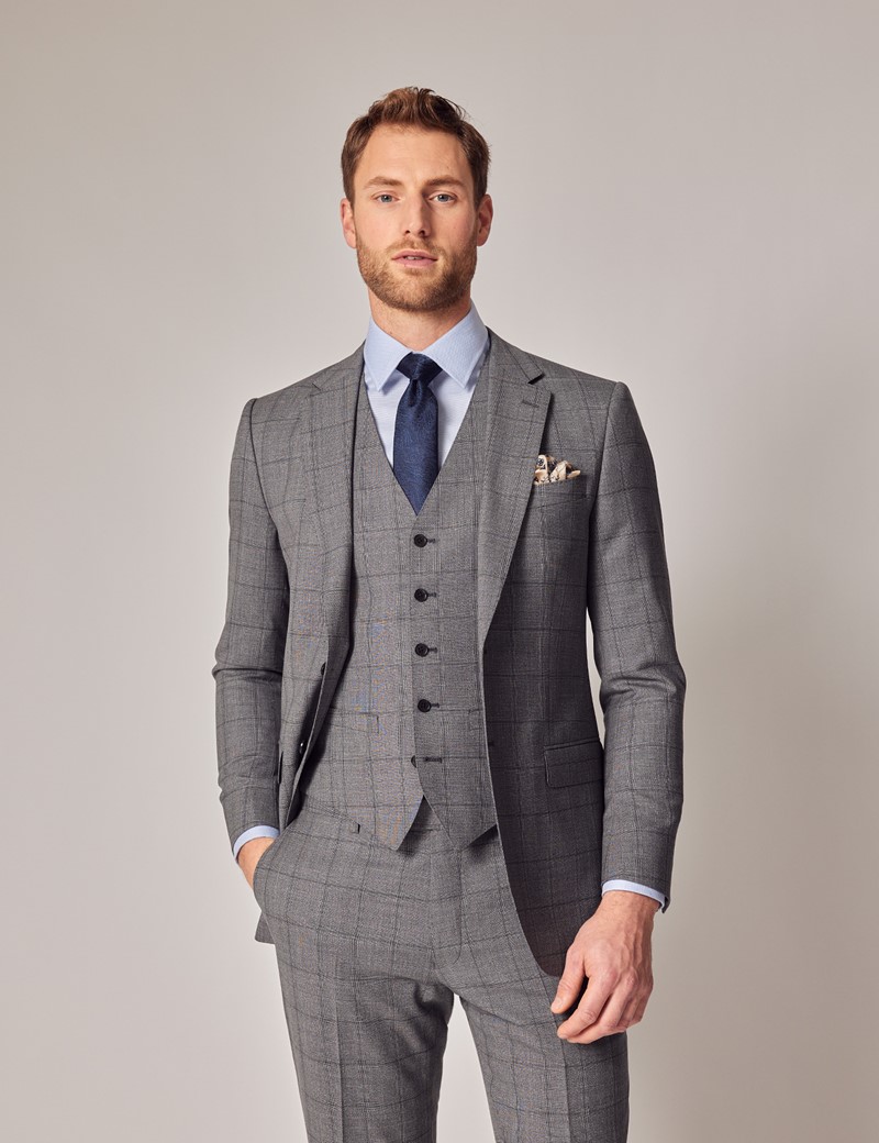 Men's Grey Prince of Wales Plaid Slim 3 Piece Suit