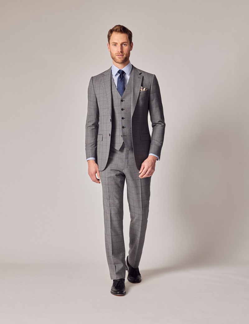 Men's Grey Prince of Wales Plaid Slim 3 Piece Suit