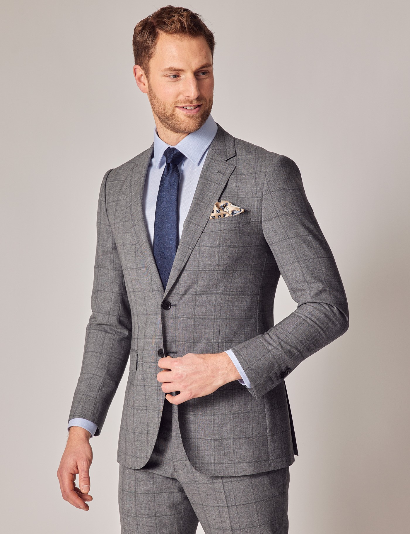Men's Grey Prince of Wales Check Slim 3 Piece Suit