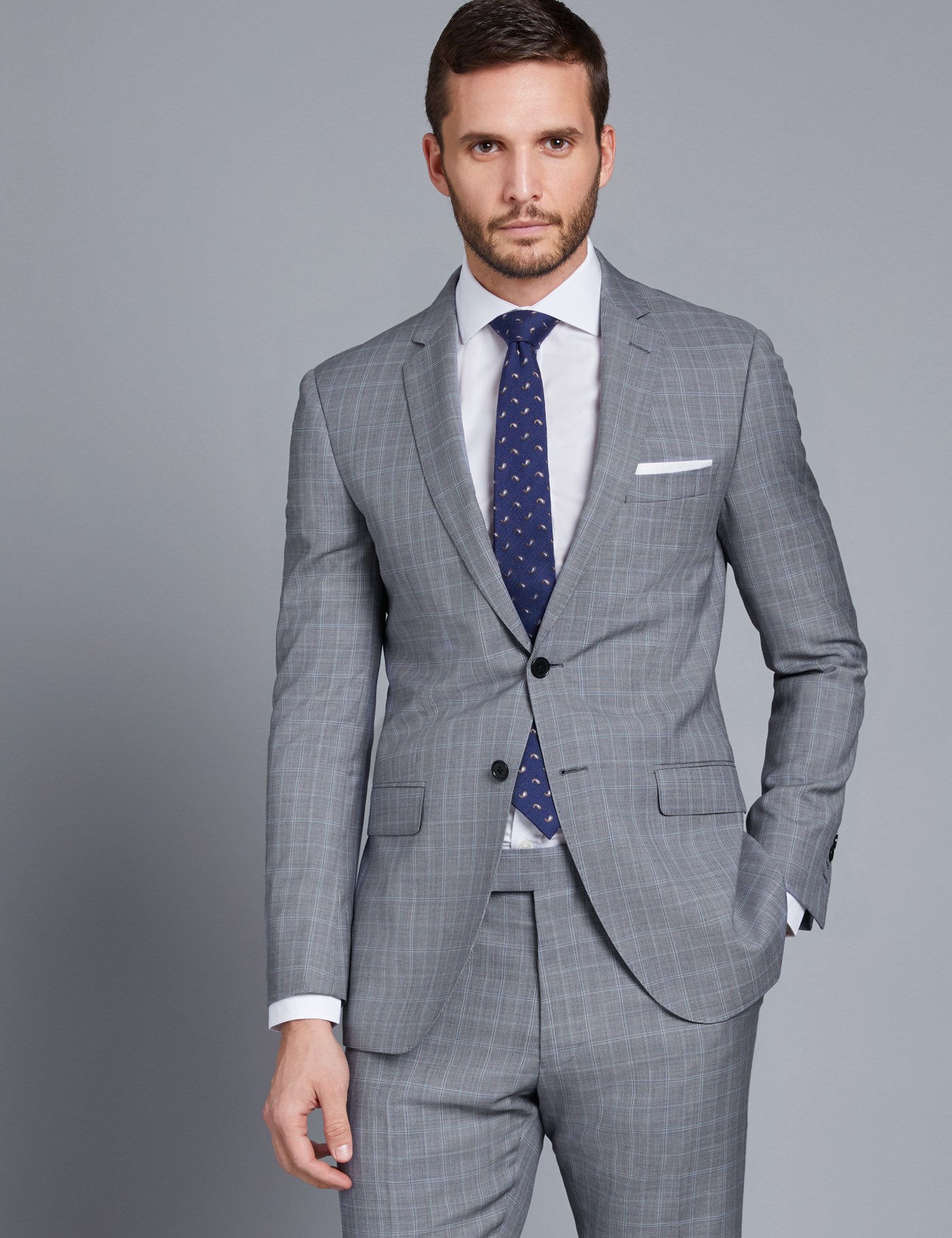 Men's Grey & Light Blue Small Plaid Slim Fit Suit Jacket | Hawes & Curtis