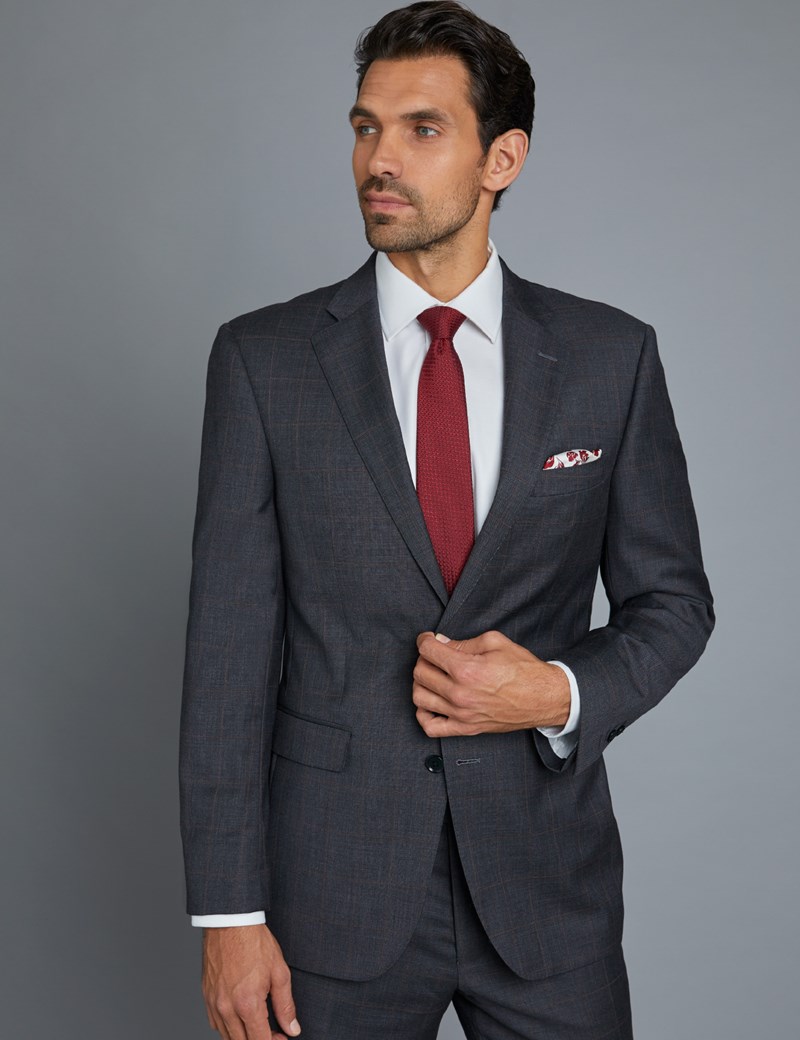 Men's Grey & Red Windowpane Classic Fit Suit | Hawes & Curtis