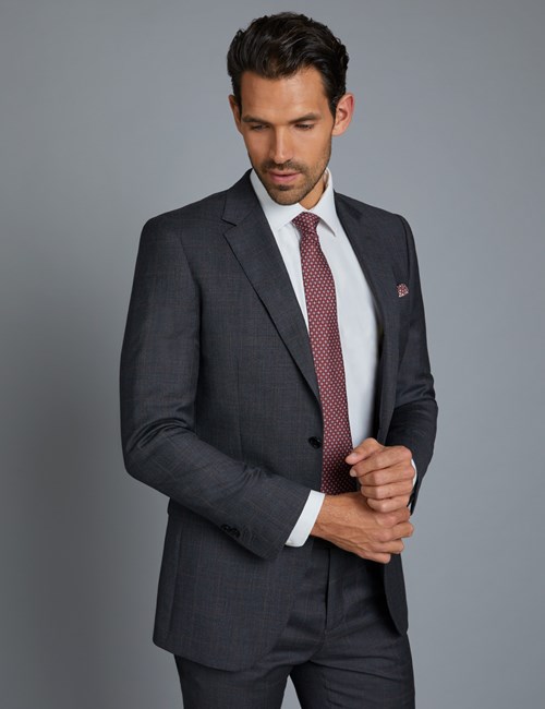 Men's Charcoal & Red Windowpane Check Slim Fit Suit | Hawes & Curtis