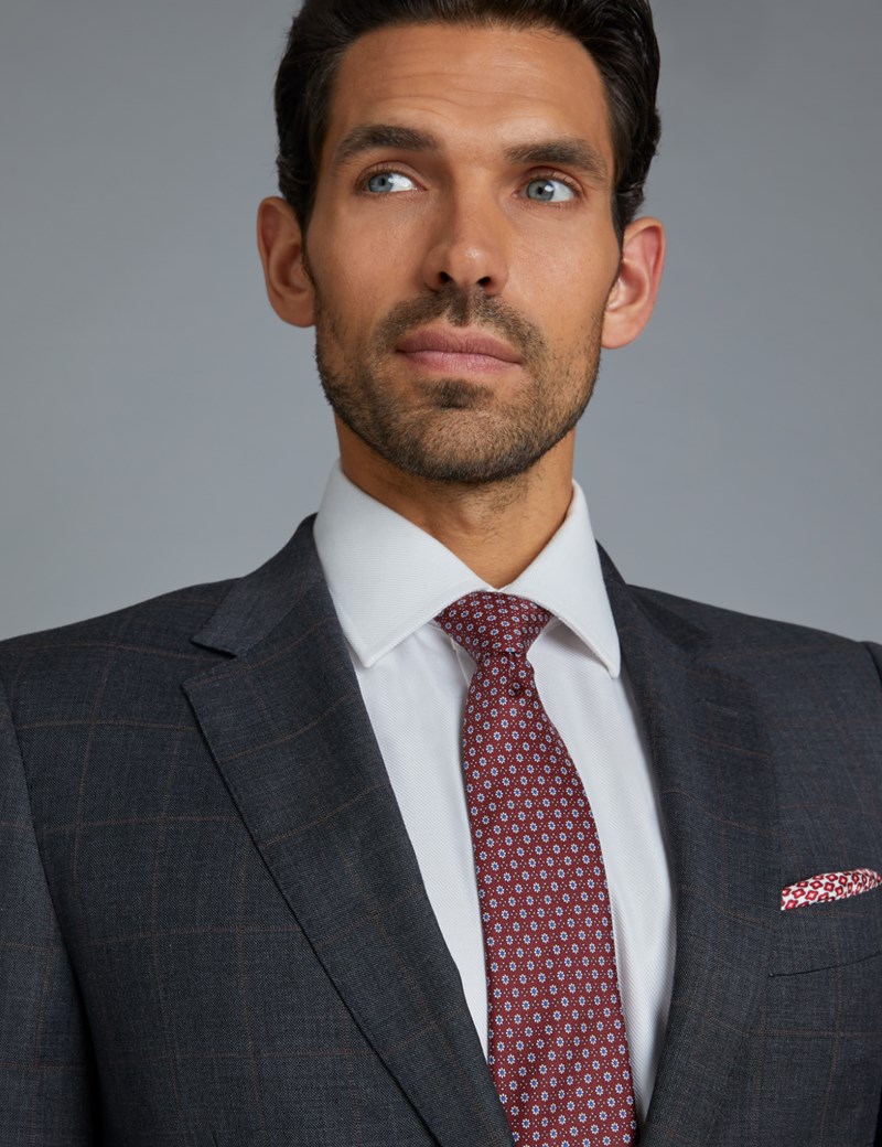 Men's Charcoal & Red Windowpane Check Slim Fit Suit | Hawes & Curtis
