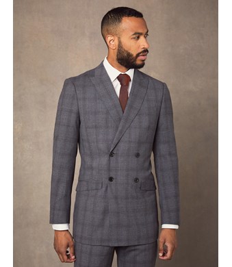 Men's Grey Tonal Prince of Wales Check Double Breasted Extra Slim Fit Suit Jacket