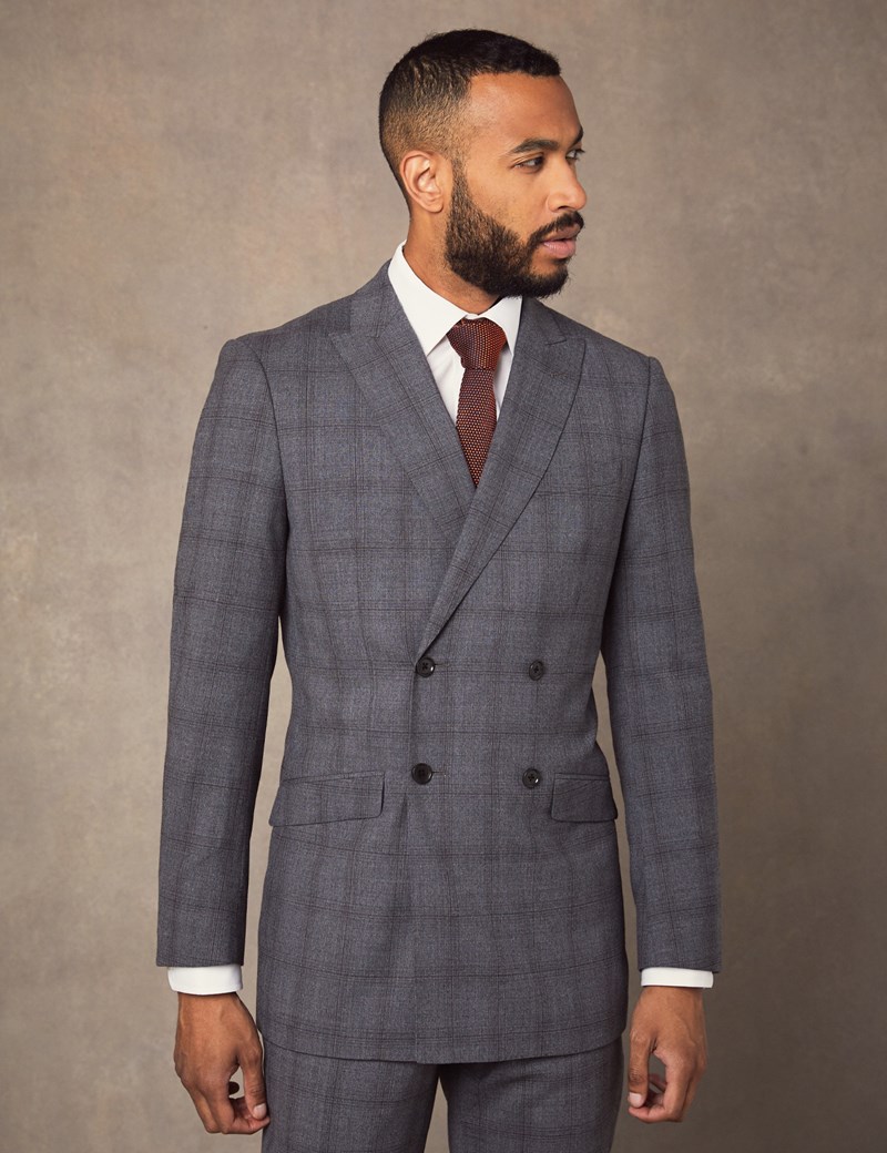 Men's Grey Tonal Prince of Wales Plaid Double Breasted Extra Slim Fit Suit Jacket