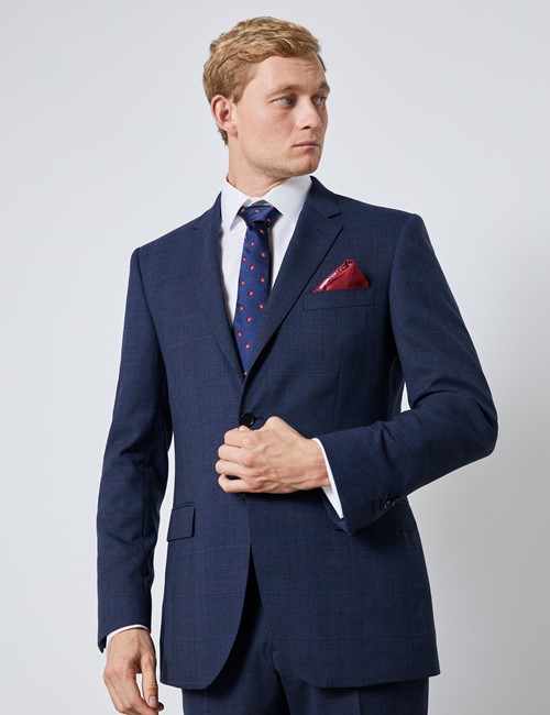 Men's Blue & Wine Prince Of Wales Check Slim Fit Suit | Hawes & Curtis