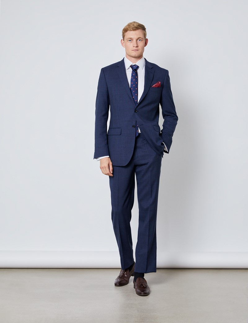 Men's Blue & Wine Prince Of Wales Check Slim Fit Suit | Hawes & Curtis