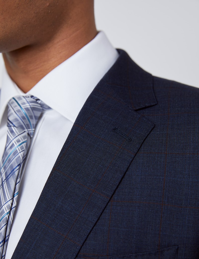 Men's Navy & Brown Windowpane Plaid Slim Fit Suit Jacket 