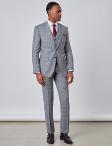 Men's Grey & Light Blue Prince Of Wales Check Slim Fit Suit