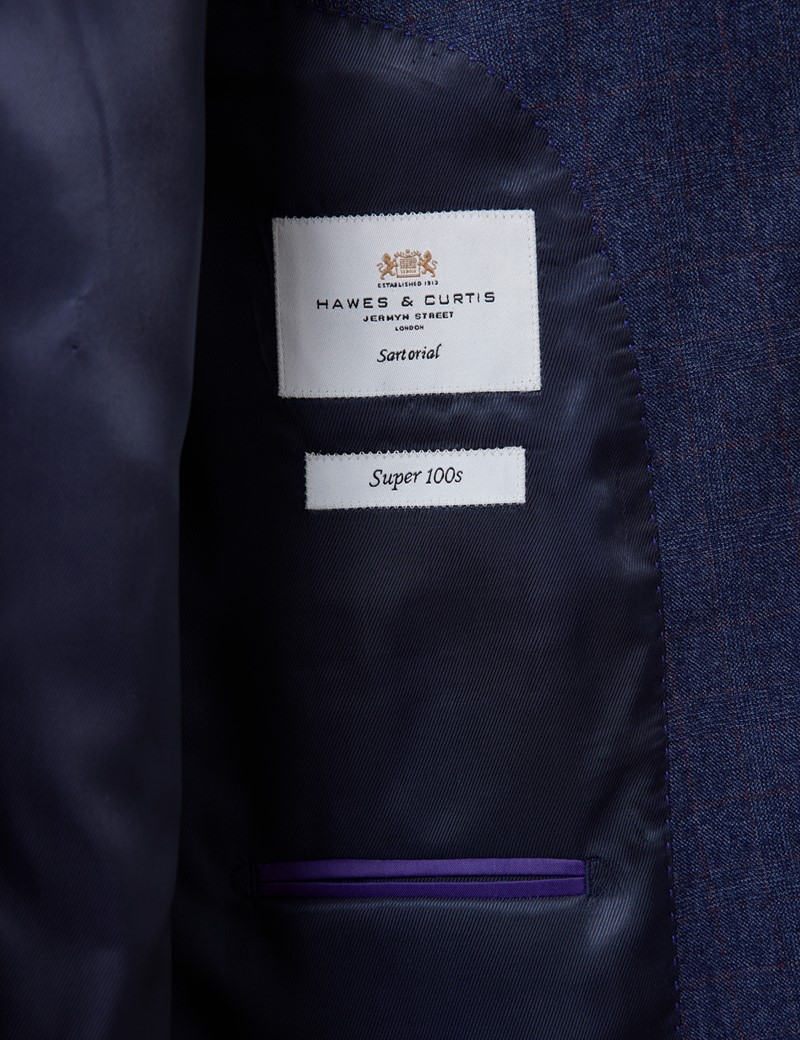 Men's Blue & Red Prince Of Wales Check Classic Fit Suit