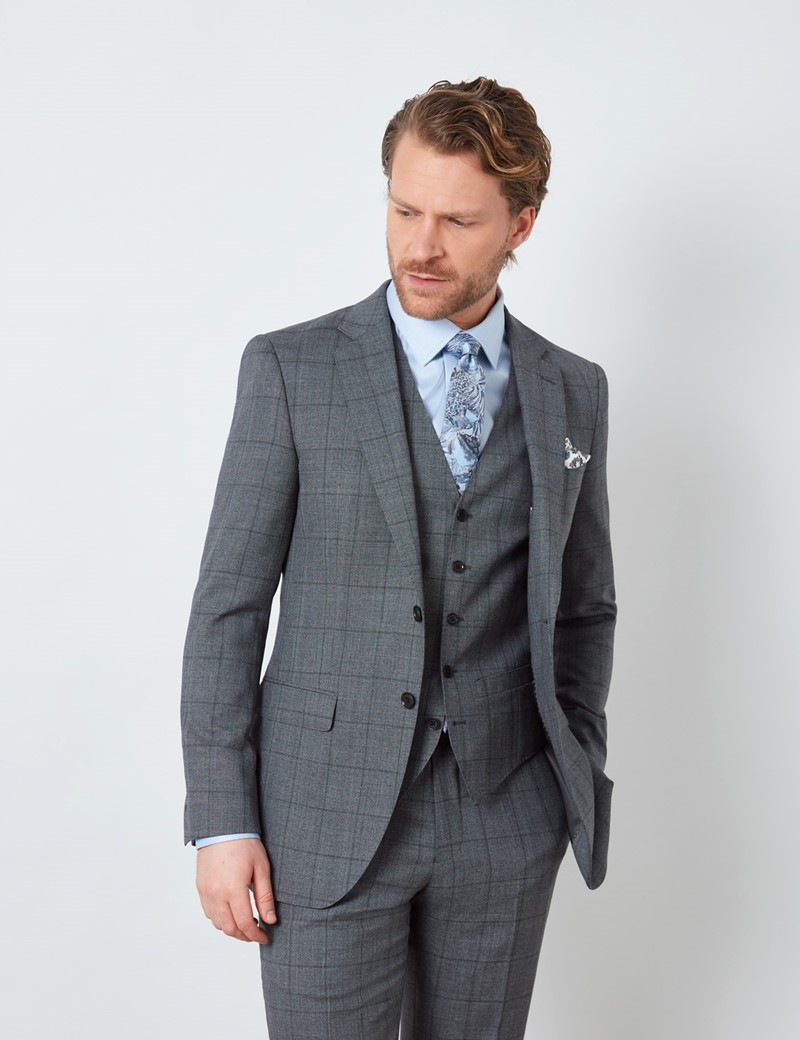 Men's Grey Tonal Check Slim Fit Suit Jacket