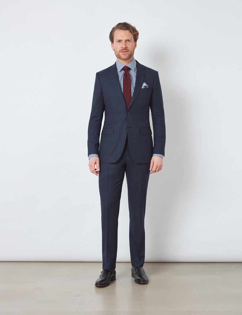 Men's Navy & Brown Check Slim Fit Suit