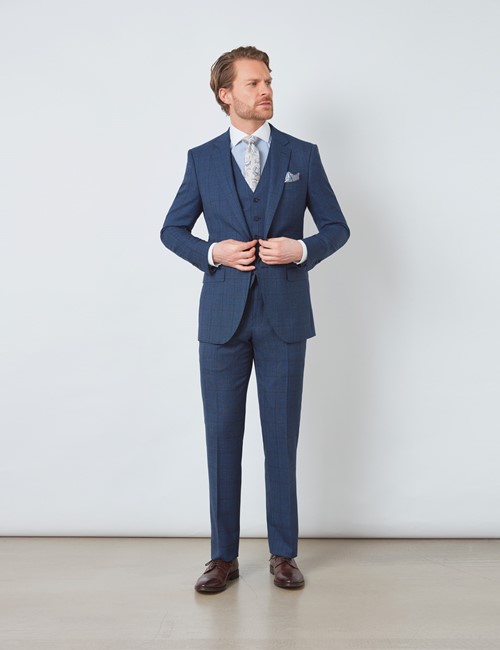 Dreiteiler Anzug – 100s Wolle – Tailored Fit – 2-Knopf Einreiher – Blau kariert