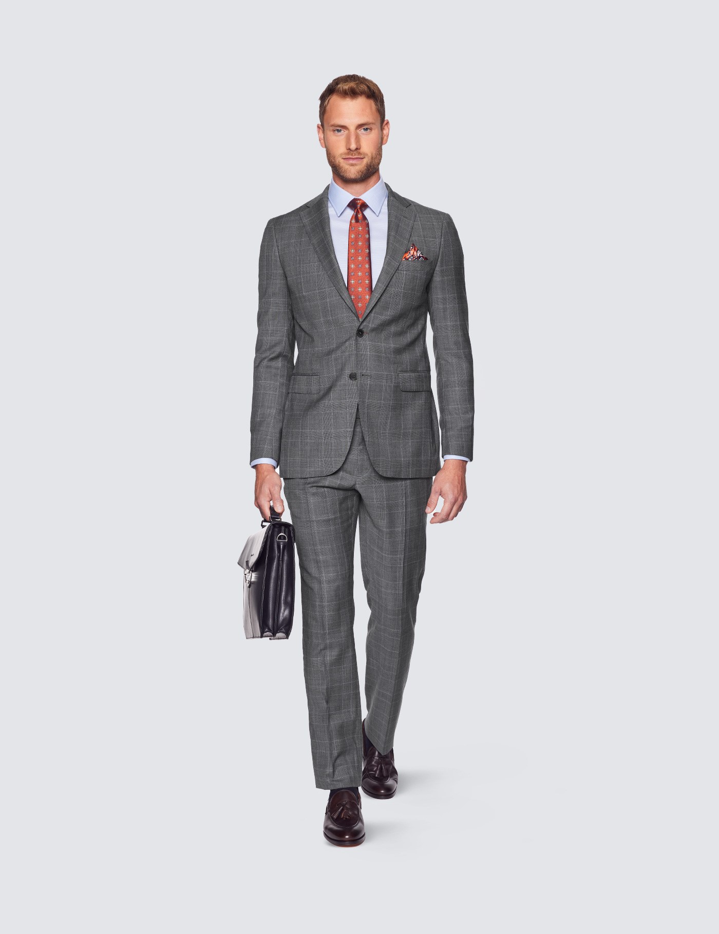 Men's Grey Prince Of Wales Plaid 2 Piece Slim Fit Suit