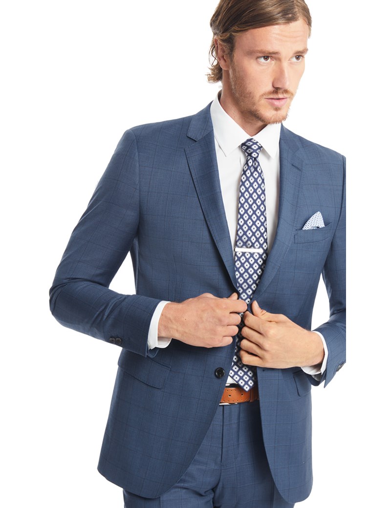 Men's Blue Double Plaid Slim Fit Suit - Super 120s Wool | Hawes & Curtis